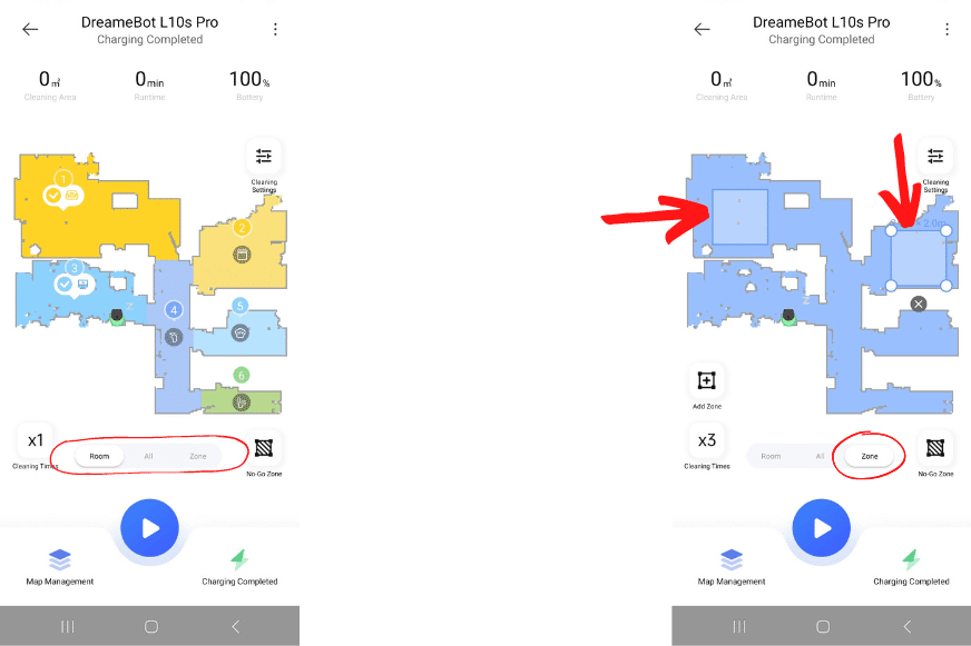 Уборка комнаты или зоны выбирается в приложении Dreame L10s Pro.